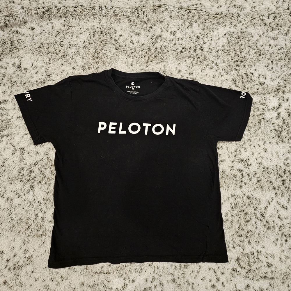 Peloton SZ M Black Short Sleeve T-Shirt White Spellout Boxy Crew Neck Cotton